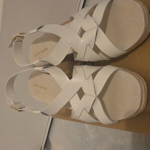 NEW Cole‎ Haan Leather Espadrille Wedge Sandal White Jute Brown - Size 10